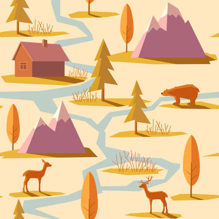 Vector illustration in trendy flat style. Seamless pattern. Mountains, forest, trees, bear, river, nature, spring, grass, greens. Wild nature.のイラスト素材