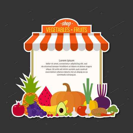 Store fresh vegetables and fruits. Organic food. Elements and icons for cards, illustration, poster and web design.のイラスト素材