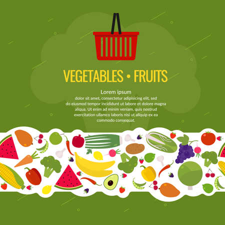 Border. Fresh vegetables and fruits. Organic food. Elements and icons for cards, illustration, poster and web design.のイラスト素材