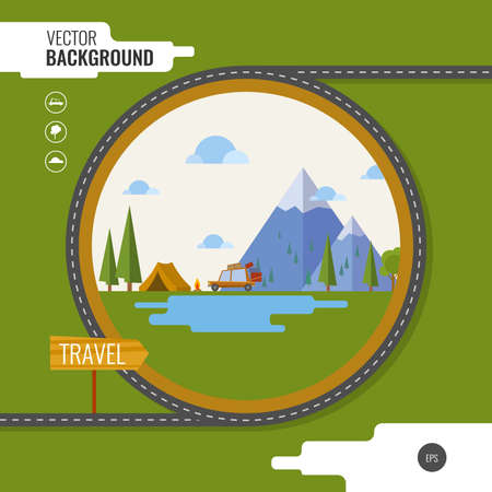 Family traveling in car. Background, tent, mountain, forest, fire, road, lake, car. Vector illustrationのイラスト素材