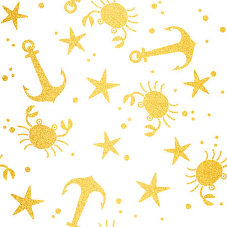 Gold foil. Beautiful sea pattern. crab, starfish, anchor.のイラスト素材