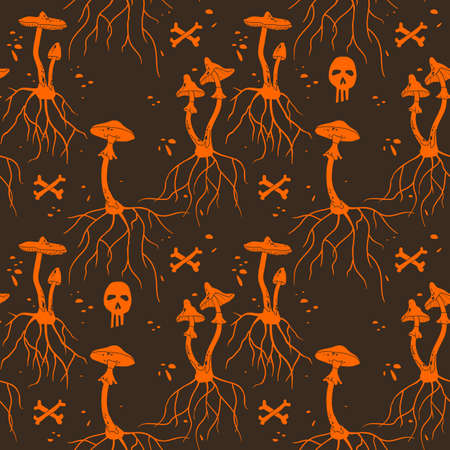 Mushrooms Graphic Design on Seamless Background. poisonous mushrooms, danger, poison.のイラスト素材