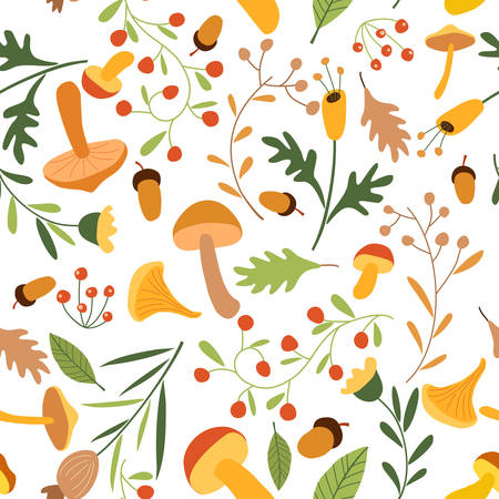 Beautiful vector seamless pattern. Seamless pattern can be used for wallpaper, wrapping paper, package, covers. Plants, flowers, mushrooms, berries, leavesのイラスト素材