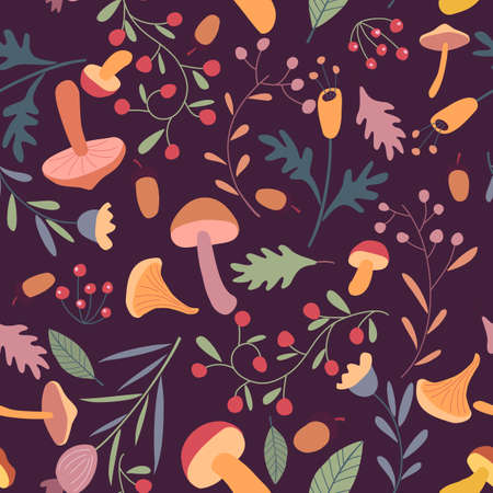 Beautiful vector seamless pattern. Seamless pattern can be used for wallpaper, wrapping paper, package, covers. Plants, flowers, mushrooms, berries, leavesのイラスト素材