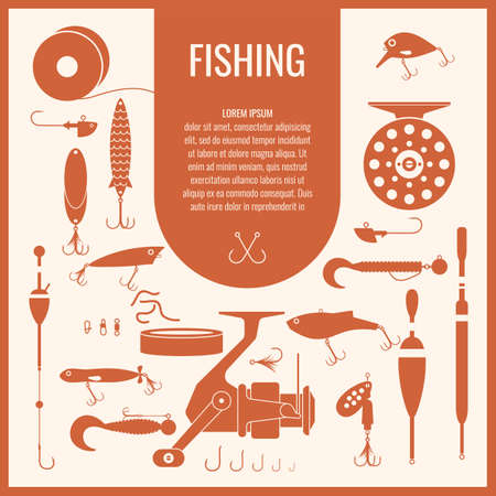 Set. Fishing tackle.Fishing reel, hooks, float, fishing line, lure, bait. Vector elements. Icons and illustrations for design, website, infographic, poster, advertising.のイラスト素材