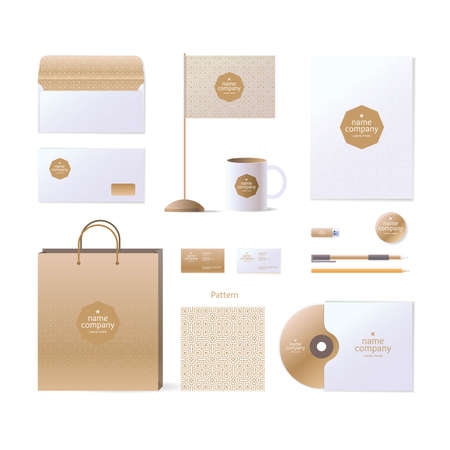  design elements. Golden style. Envelope, business card, ornament, disk, pack, flag, mug, pencil, pen, paper, flash drive.のイラスト素材