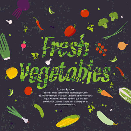 Organic food. Fresh vegetables, background for menu or poster. Cabbage, pepper, tomato, eggplant, onions, Chile, corn, carrots, garlic, olives, peas, avocado, potatoes, radishes, parsley, cucumber.のイラスト素材