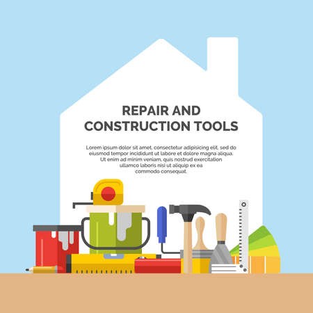 Hand tools for home renovation and construction. Tools in a bright, flat style. A colorful poster , vector illustration. Roller, brush, paint, pencil, tool, hammer, tape measure, trowel, pencil.のイラスト素材