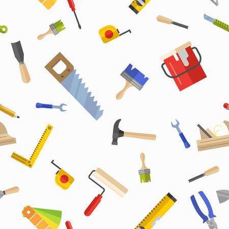 Seamless pattern with tools for repair. Vector illustration. Roller, brush, paint, pencil, tool, hammer, tape measure, putty knife, pencil.のイラスト素材