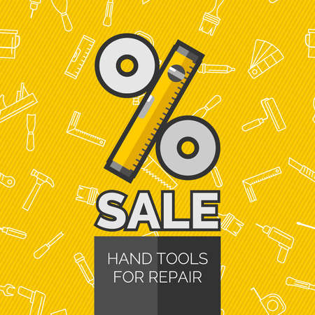 Original concept poster discount sale. Vector illustration. Seamless pattern with tools for repair. Roller, brush, paint, pencil, tool, hammer, tape measure, putty knife, pencil.のイラスト素材