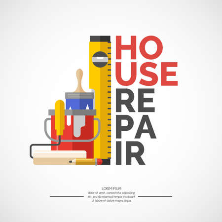 Hand tools for home renovation and construction. Tools in a bright, flat style. A colorful poster , vector illustration. Roller, brush, paint, pencil, building level.のイラスト素材