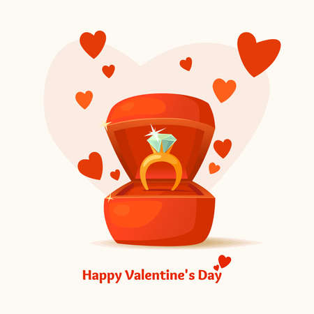 Valentine's day. February 14. Gift box and a ring with a diamond in cartoon style. Vector illustration on white background.のイラスト素材
