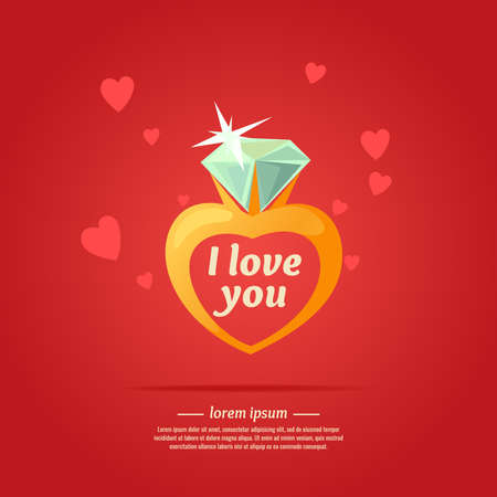 Poster I love you. A ring with a diamond in cartoon style. Vector illustration on red background.のイラスト素材