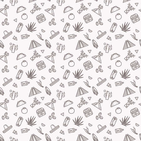 Original seamless pattern with traditional symbols of Mexico. Vector illustration. Sombrero, volcano, pyramid, tequila, cactus, agave, coffee, tomato, nachos, burrito, tamale, chile.のイラスト素材