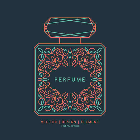 A classic bottle of perfume. Vector illustration. Linear image perfume to monogram. Floral monogramのイラスト素材