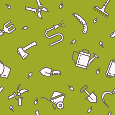 Seamless pattern with tools for the garden. Signs and symbols of gardening. Garden tools in the background.のイラスト素材
