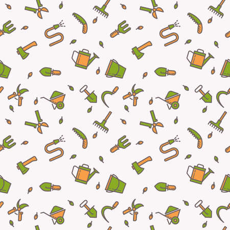 Seamless pattern with tools for the garden. Signs and symbols of gardening. Garden tools in the background.のイラスト素材