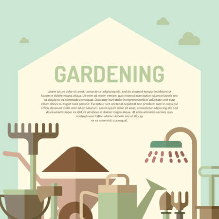 Poster with tools for the garden in flat style. Signs and symbols of gardening. Garden tools in the background.のイラスト素材