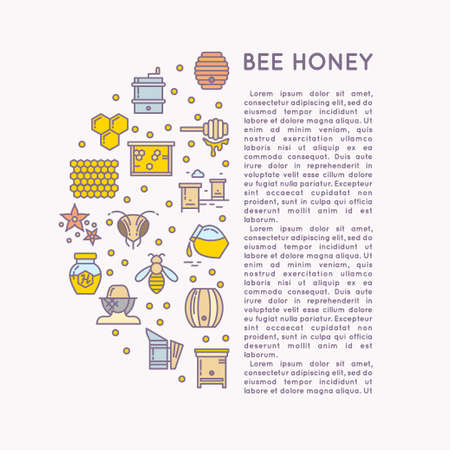Posters with the tool for beekeepers. The background for the sale of honey. Tools of the beekeeper. The stickers on the products of the apiary. Vector honey icon set.のイラスト素材