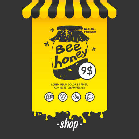 A jar of honey. Illustration for advertising honey. Bees and honeycombs. The inscription bee honey. A natural product of beekeeping.のイラスト素材