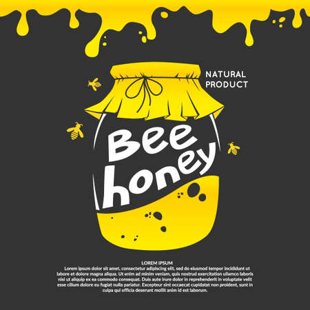 A jar of honey. Illustration for advertising honey. Bees and honeycombs. The inscription bee honey. A natural product of beekeeping.のイラスト素材