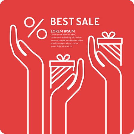 The original linear vector poster the best sales and discounts. Flat illustration and silhouette of hands.のイラスト素材