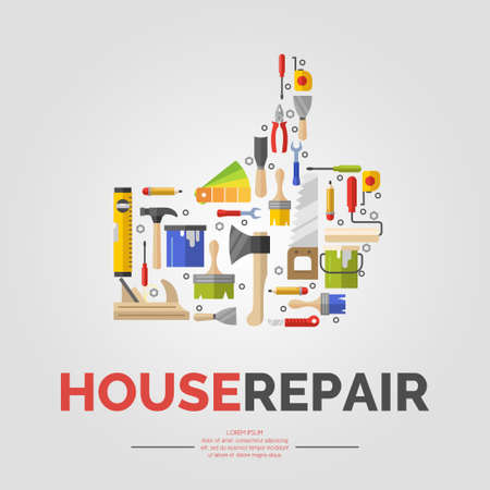 White poster with hand of tools for house repair. Vector illustration with text, in a flat, colourful design for leaflets, websites, store advertisingのイラスト素材