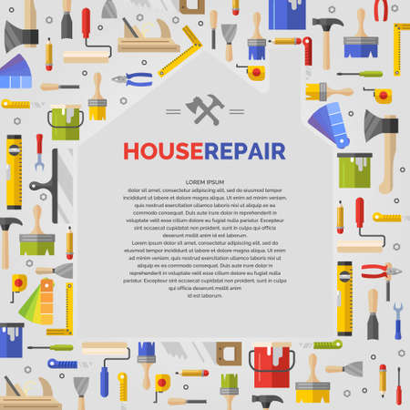 White poster with home and tools for house repair. Vector illustration with text, in a flat, colourful design for leaflets, websites, store advertisingのイラスト素材