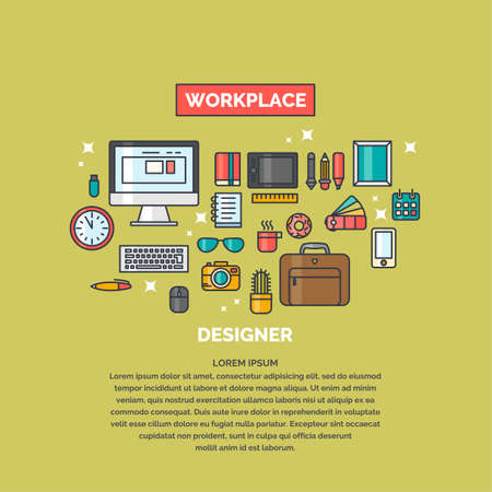 Linear illustration of the workspace for designer. Workplace and subjects the business office.のイラスト素材