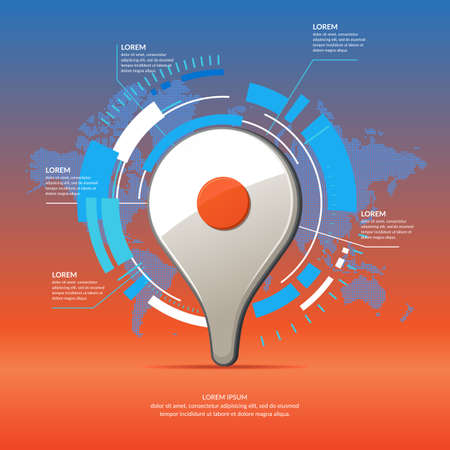 Realistic 3D icon map pointer. Business infographics and chart with world map on background.のイラスト素材