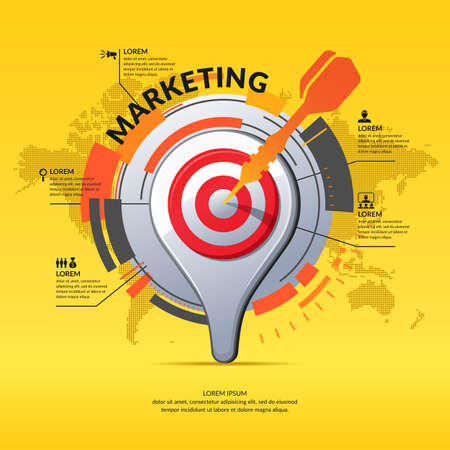 Realistic 3D icon map pointer. Marketing business infographics and chart with world map on background.のイラスト素材