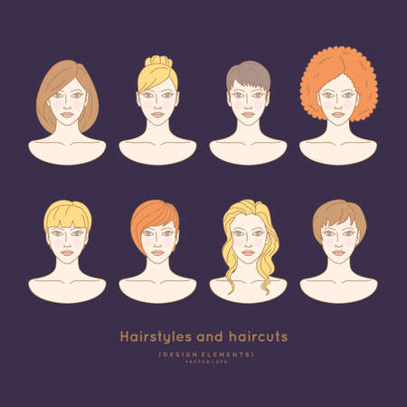 Set of female faces with different hairstyles and haircuts Silhouettes of head for barber shop and beauty salon.のイラスト素材