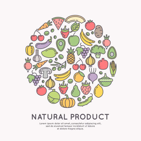 Linear icons of vegetables and fruits. Silhouette images of products and food. Vector illustration.のイラスト素材