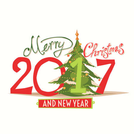 Figures 2017 and the words Merry Christmas on a white background. Vector illustration of gifts. New year.のイラスト素材