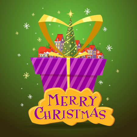 Postcard Merry Christmas with a inscription. illustration of Christmas tree and village with small houses. Green gift boxのイラスト素材