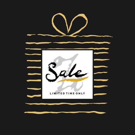Stylish poster hand draw brush in watercolor and ink. Inscription Sale in the black and gold color.Vector illustration.のイラスト素材