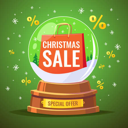 Original concept poster discount sale. Christmas snow globe. Vector illustrationのイラスト素材