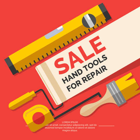 Sale Hand tools for home renovation and construction. Tools in a bright, flat style. A colorful poster, vector illustration. Roller, brush, paint, building level.のイラスト素材