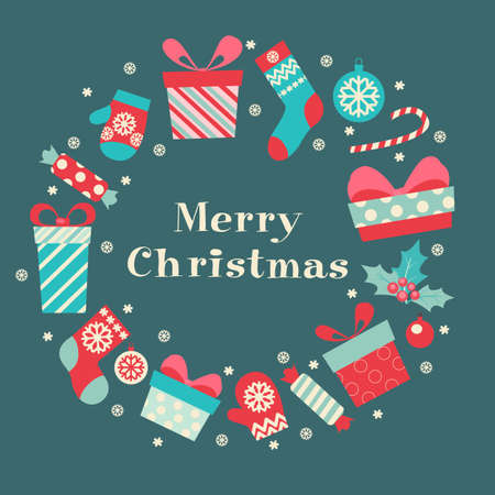 2017. Merry Christmas and Happy New Year. Gifts, boxes and sweets in flat style. Vector illustrationのイラスト素材