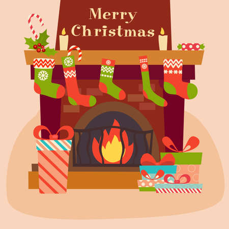 Merry Christmas and Happy New Year. Fireplace, gifts, boxes and sweets in flat style. Vector illustrationのイラスト素材