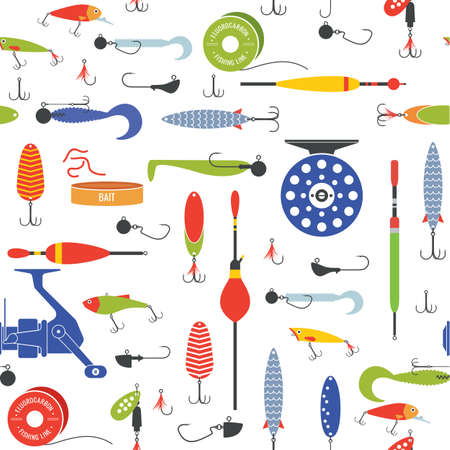 Vector seamless pattern with objects of fishing equipmentのイラスト素材