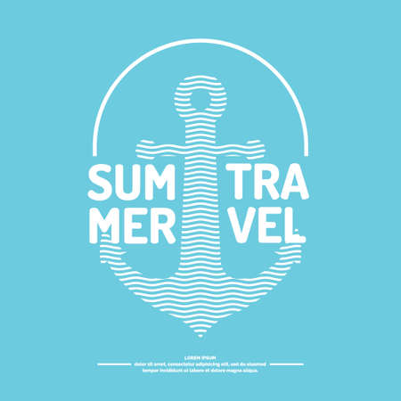Poster with an anchor, waves and text, summer travel, on a blue background in a simple linear styleのイラスト素材
