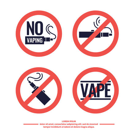 No Smoking sign prohibiting. Drawing and poster of Electronic cigarette. Vaping store and a bar. Elements and icons, vector illustration.のイラスト素材