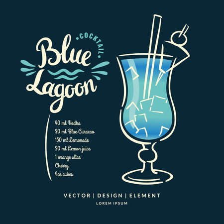 Modern hand drawn lettering label for alcohol cocktail Blue Lagoon. Calligraphy brush and ink. Handwritten inscriptions for layout and template.のイラスト素材