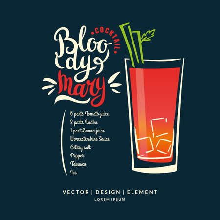 Modern hand drawn lettering label for alcohol cocktail Bloody Mary. Calligraphy brush and ink. Handwritten inscriptions for layout and template.のイラスト素材