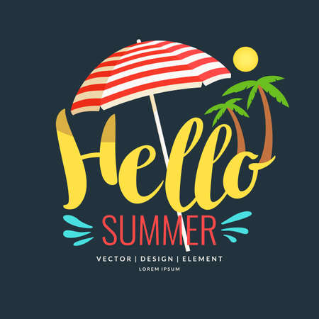 Conceptual poster in flat retro style lettering Hello summer, striped umbrella, palm trees and sun on a dark background. For commercial resorts, travel, family fun, holidaysのイラスト素材