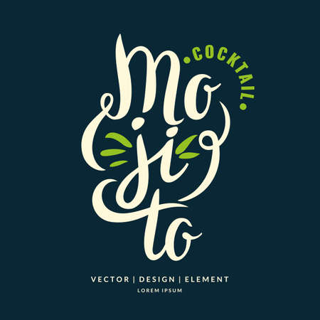 Modern hand drawn lettering label for alcohol cocktail Mojito. Calligraphy brush and ink. Handwritten inscriptions for layout and template.のイラスト素材
