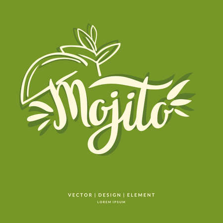 Modern hand drawn lettering label for alcohol cocktail Mojito. Calligraphy brush and ink. Handwritten inscriptions for layout and template.のイラスト素材