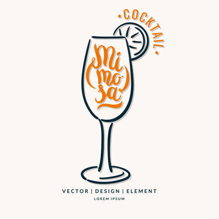 Modern hand drawn lettering label for alcohol cocktail Mimosa. Calligraphy brush and ink. Handwritten inscriptions for layout and template.のイラスト素材