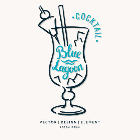 Modern hand drawn lettering label for alcohol cocktail Blue Lagoon.. Calligraphy brush and ink. Handwritten inscriptions for layout and template.のイラスト素材